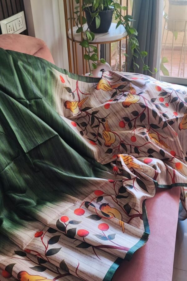 Bottle Green Handloom Tussar Gicha Saree