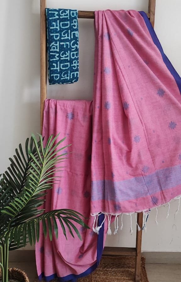 Candyfloss Pink Handloom Cotton Saree With Jamdani Motifs.