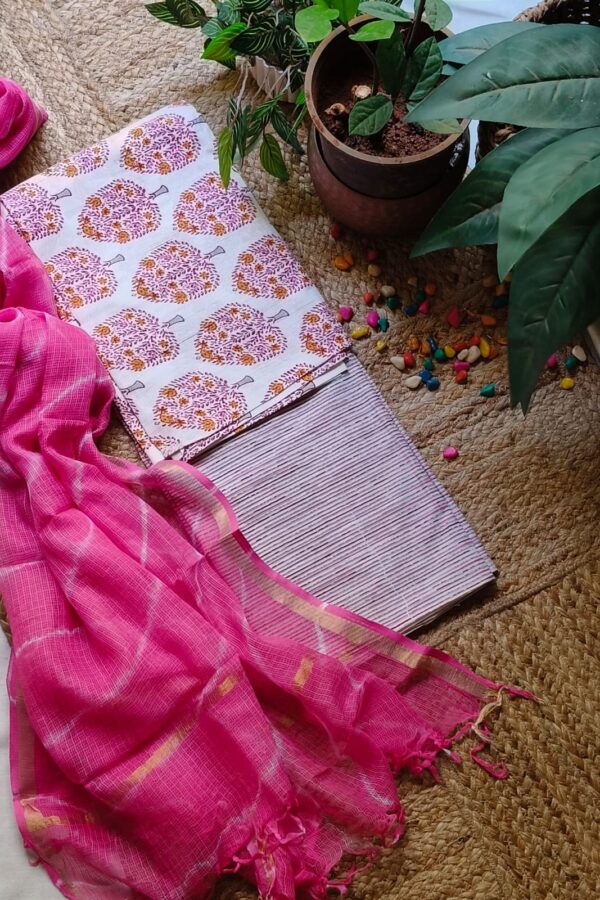 White And Pink Sangeneri Cotton Suit Set